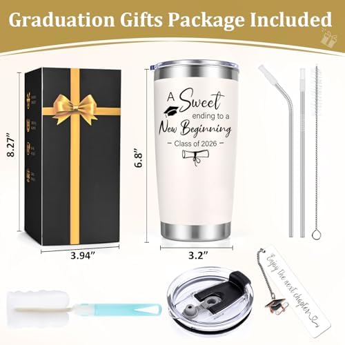 Lifecapido 2026 Graduation Gifts, A Sweet Ending to a New Beginning Class of 2026 20 oz Tumbler with Bookmark, High School College Masters Degree PhD Graduation Gifts for Graduates, Creamy - Image 5