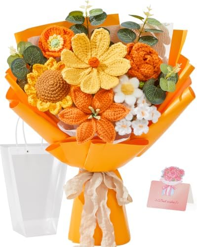 Alecono Crochet Flower Bouquet, Orange Handmade Sunflower Lily Floral by AleconoBetterYourLife