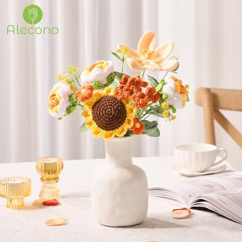 Alecono Crochet Flower Bouquet Handmade Orange Knitted Sunflower Floral - Image 4