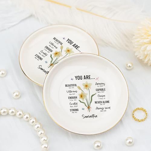Personalized Bible Verse Ring Dish Gift for Her - Custom Birth Flower Jewelry Dish - Christian Trinket Dish - God Says You Are Gifts - Image 2