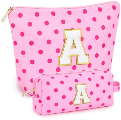 mibasies 2 PCS Initial Makeup Bags for Women: Cosmetic Bag for Travel Toiletry - Birthday Gifts for Teen Girl Gifts Trendy Stuff - Graduation Teacher Gift for Girlfriend -Polka Dot Rose Red A by mibasies