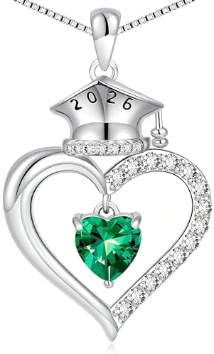 2026 Graduation Gifts for Her - S925 Sterling Silver Heart Graduation Cap Birthstone Necklaces, Class of 2026 High School College Graduation Gifts for Her by BLThing