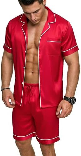 Ekouaer Mens Silk Satin Pajamas Set Short Sleeve Button Up Lounge Pjs Set by EKOUAER