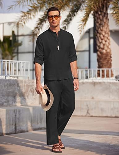 COOFANDY Men’s 2 Piece Cotton Linen Set Casual Beach Outfits Long Sleeve - Image 3