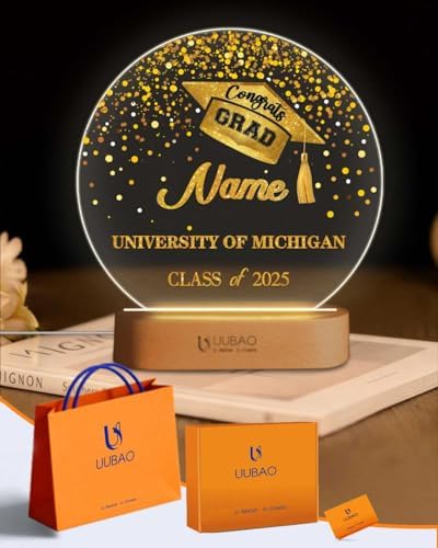 Personalized Graduation Gifts Custom Photo Name Night Light Gold LED Table Lamp for 2026 University High School Senior Keepsake(Round) by UUBAO