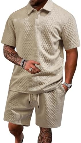 Men's 2 Pieces Outfits Casual Polo Shirt and Shorts Set Collar Athletic Jogging Summer Tracksuit by LINENNMAIN
