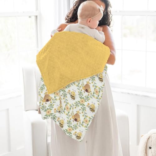 Vintage Floral Bees Baby Blankets for Girl Boy Cute Bees Honeycomb Flowers Soft Mink Dotted Backing Double Layer Swaddle Blanket Pastel Bee Yellow Floral Bed Throws for Newborn Toddler Nursery 30x40 - Image 4