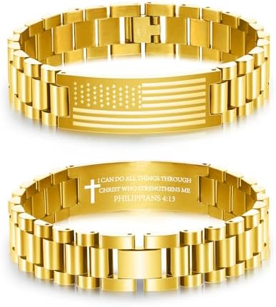 P. BLAKE American Flag Bible Verse Bracelet for Men, Stainless Steel Engraved Scripture Bracelet Christian Religious Christmas Birthday Jewelry Gifts by PBLAKE