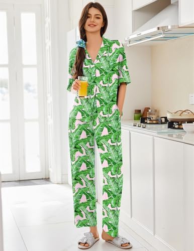 Ekouaer Women Pajamas Set Button Down Sleepwear Short Sleeve Pjs Long Pants - Image 3