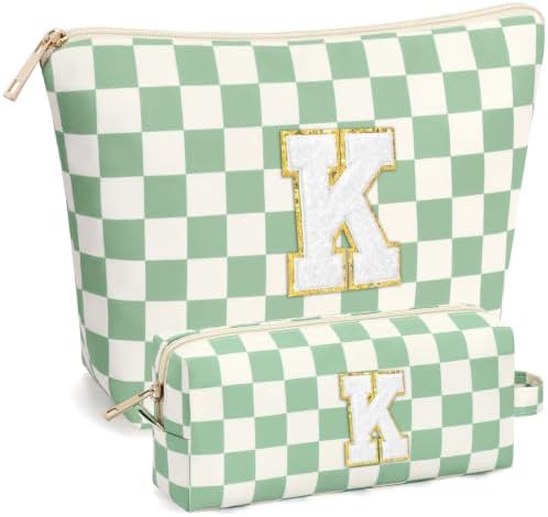 mibasies 2 PCS Initial Makeup Bags for Women: Cosmetic Bag for Travel Toiletry - Birthday Gifts for Teen Girl Gifts Trendy Stuff - Graduation Teacher Gift for Girlfriend -Checkered Green K by mibasies