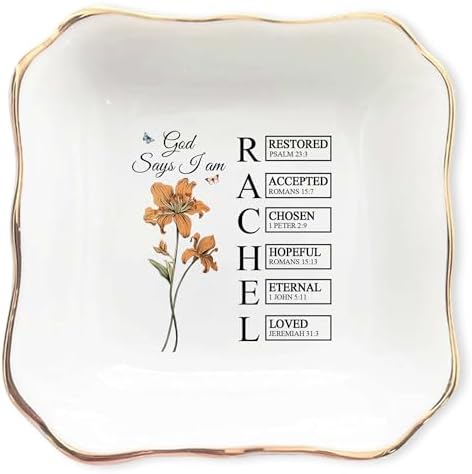 Personalized God Says I Am Name Letter In Bible Verse Jewelry Dish - Custom Birth Flower Jewelry Dish - Christian Gift - Religious Affirmations Gifts by ZISOL26HZ