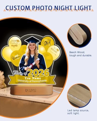 Personalized Graduation Gifts Custom Photo Name Night Light Black and Gold LED Table Lamp for 2026 University High School Senior Keepsake(Balloon) - Image 6