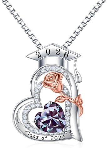 Turandoss Graduation Gifts for Her 2026, S925 Sterling Silver Heart Birthstone Graduation Cap Necklaces Class of 2026 High School College Graduation Gifts for Her by TurandossJewelry