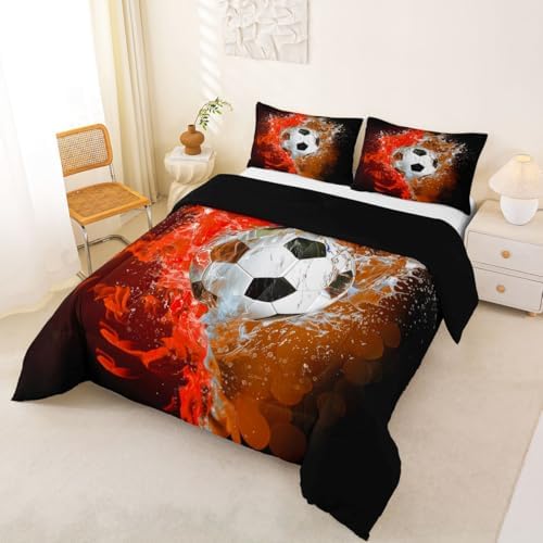 Erosebridal Soccer Print Kids Bedding | 3D Football Pattern Queen Comforter Sets,Red Flame Soccer Comforter Sports Games Duvet Insert with 2 Pillow Cases - Image 2