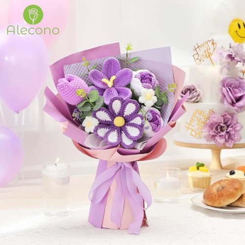 Alecono Purple Crochet Flower Bouquet Handmade Tulip Floral Set - Image 6