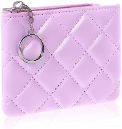 Real Leather Coin Purse with Rhombus Embroidery Zipper Keychain Mini Wallet for Women & Men (Purple)