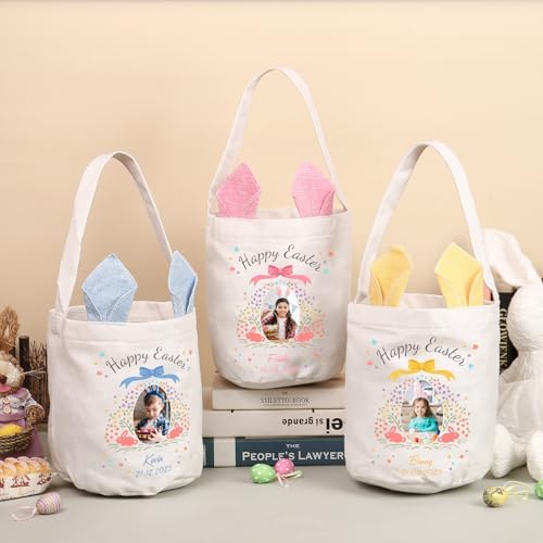 Personalized Bunny Ears Bucket Bag with Custom Name Photo-Easter Bag with Handle-Soft Egg Basket for Kids -Customized Easter Basket-Great for Carrying Gift Easter Eggs (Yellow-Photo) - Image 6