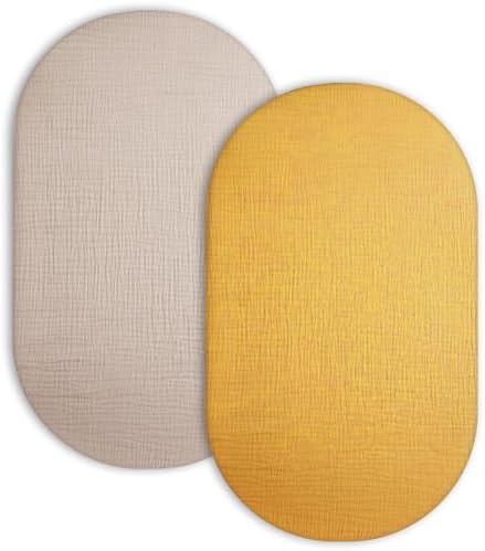 Muslin Bassinet Sheets 2 Pack, 33" x 17", (Beige & Mustard Yellow) by Meowcards