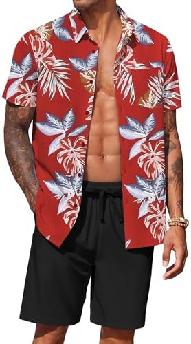 COOFANDY Men's Hawaiian 2 Piece Outfits Floral Button Down Shirt and Shorts Vacation Outfits Summer Beach Matching Set by COOFANDY