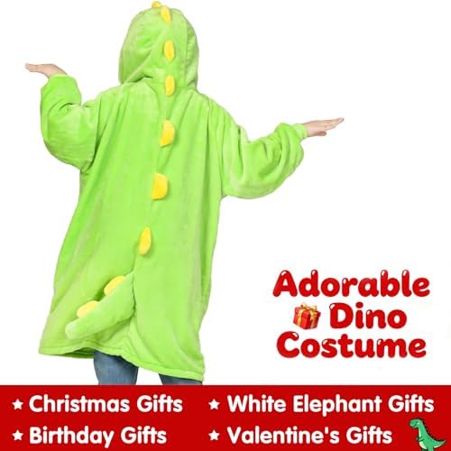 Waitu Dinosaur Wearable Blanket Hoodie Funny Halloween Costumes Gifts for Women Men Boys Girls, Zipper Hoodie Blanket Sweatshirt Cozy Unisex Flannel Dinosaur Costume Cute Gifts (Kids, Green) - Image 2