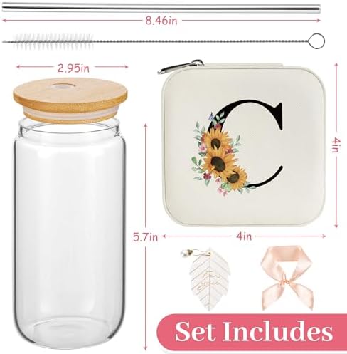 AYGXU Bridesmaid Gifts for Wedding Day,Bridesmaid Proposal Gifts,galentines day gifts,Drinking glass with Bamboo Lids and Straw,Jewelry Organizer,Travel Essentials Small Jewelry Box,Initial C white - Image 2