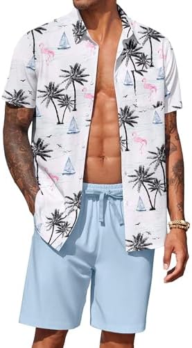 COOFANDY Men's Hawaiian 2 Piece Outfits Floral Button Down Shirt and Shorts Vacation Outfits Summer Beach Matching Set by COOFANDY