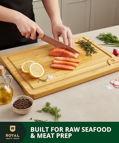 ROYAL CRAFT WOOD Wooden Cutting Boards for Kitchen Meal Prep & Serving - Bamboo Wood Serving Board Set with Deep Juice Groove Side Handles - Charcuterie & Chopping Butcher Block for Meat - Image 4