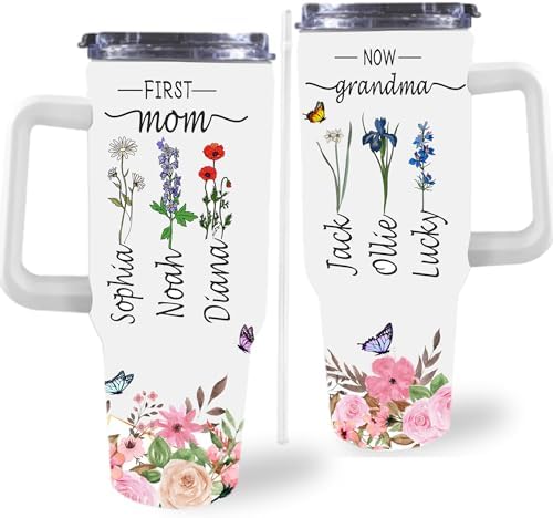 Gifts for Mom from Daughter Son, Personalized Mama Bear Tumbler with Handle and Straw, Custom Mom Coffee Tumbler with Kids Names, Personalized Mothers Day Gift for Women, Her, New Mom, Grandma by Artsadd
