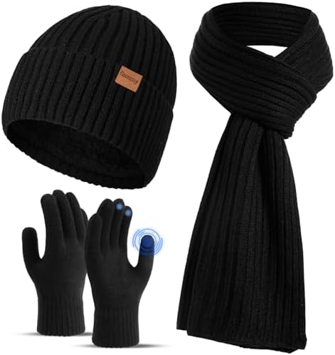 floconssy Men's Winter Hat Scarf Gloves Set of 3, Knit Thermal Combo Gifts by floconssy