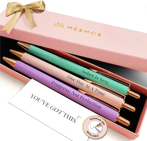 MESMOS Meaningful Sobriety Gifts for Women, 3pk Fancy Pen Set with German-Made Ink, Inspirational Pens, Proud of You Sober Gifts, Sober Affirmation Quote by MesmorizingMemoriesMoments