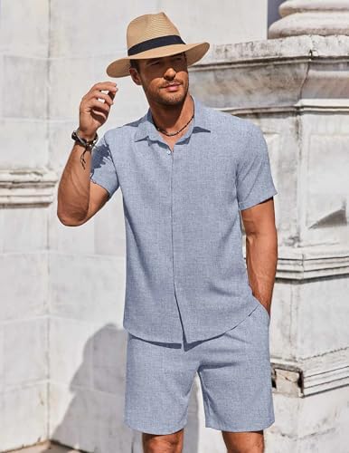 COOFANDY Men's Summer Beach Outfits 2 Piece Short Sleeve Shirts and Shorts Vacation Texture Linen Sets for Men - Image 5
