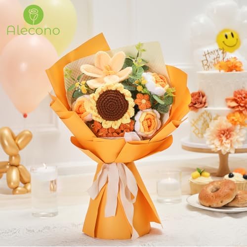 Alecono Crochet Flower Bouquet Handmade Orange Knitted Sunflower Floral - Image 6