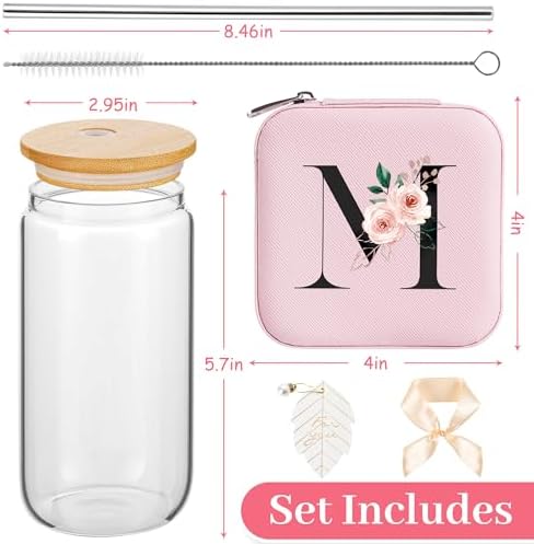 AYGXU Initial Glass Cups with Lids and Straws, Jewelry Case for Women, Jewelry Box Organizer, Coffee Cups, Travel Gifts for Women Essentials, Initial M Pink - Image 2