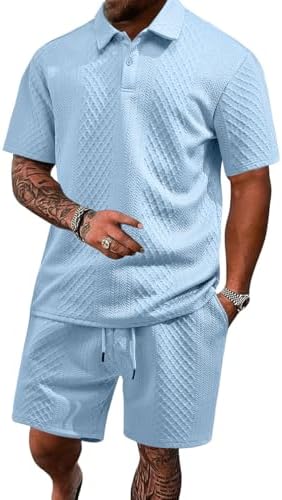 Men's 2 Pieces Outfits Casual Polo Shirt and Shorts Set Collar Athletic Jogging Summer Tracksuit by LINENNMAIN