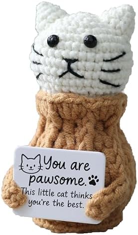 Positive Crochet Animals Cat – “You are Pawsome” Valentines Day Gifts for Him Her Boyfriend Girlfriend Women Teens, Emotional Support & Cheer Up Present, Teacher Appreciation, Birthday Gift by YOOJEE