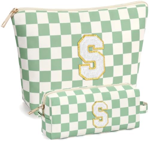 mibasies 2 PCS Initial Makeup Bags for Women: Cosmetic Bag for Travel Toiletry - Birthday Gifts for Teen Girl Gifts Trendy Stuff - Graduation Teacher Gift for Girlfriend -Checkered Green S by mibasies
