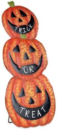 Lillian Vernon Halloween Pumpkin Standing & Hanging Sign for Shelf, Table, or Wall, Seasonal Tabletop Decorations & Rustic Indoor Home Decor, 20” Long, MDF & Metal
