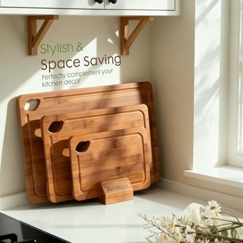 Astercook Deep-Carbonized Bamboo Cutting Boards for Kitchen with Wood Storage Stand, Reversible Charcuterie & Chopping Boards with Juice Grooves and Easy-Grip Handles, Fathers Day Gift for Men - Image 5