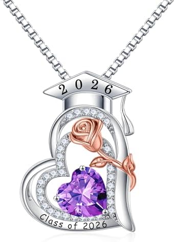 Turandoss Graduation Gifts for Her 2026, S925 Sterling Silver Heart Birthstone Graduation Cap Necklaces Class of 2026 High School College Graduation Gifts for Her by TurandossJewelry