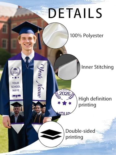 Dicodes Custom Graduation Stole Class of 2026 Personalized Graduation Sash Graduation Gift and Keepsake with Photo Text - Image 4