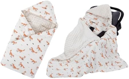 HOUSBAY Baby Blanket Newborn with Hooded Windproof Warm Portable Swaddle Wrap for Basket Safety Seats, Beige, 35.5''x35.5'', Minky Dot and 100% Cotton Fox Printed by HOUSBAY