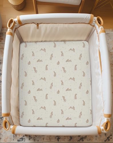 Muslin Bassinet Sheets 2 Pack, 33" x 17", (Hopping Bunnies & Beige) - Image 4