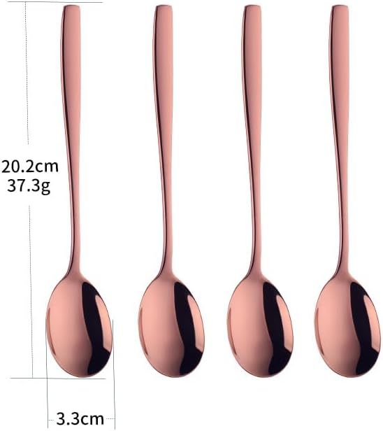 Metal Round Spoons, 8 inch Stainless Steel Reusable Long Handle Korean Soup Spoons, Table Dinner Desert Spoon Set of 8(Rose Gold)