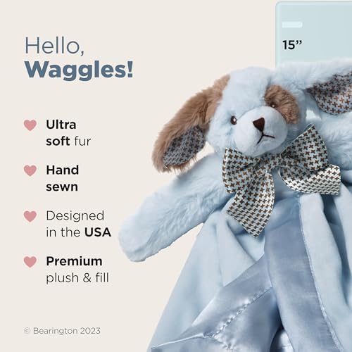 Bearington Baby Waggles Blue Puppy Snuggler - 15" Puppy Lovey Security Blanket with Silk Satin Trim and Plush Dog Design - Soft for Boys and Girls - Image 2