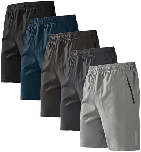 BUYJYA 5 Pack Men's Athletic Gym Shorts Set Workout Basketball Running Elastic Waist with Zipper Pocket Gift by BUYJYA