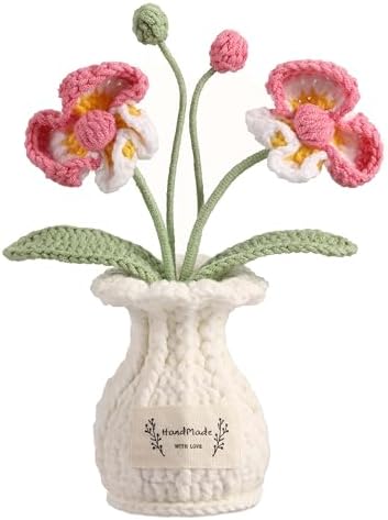 Orchid Crochet Flower Pot Deep Rose Handmade Knitted Phalaenopsis Desk Decor for Home Office by YOOJEE