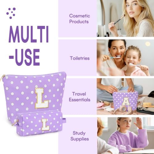 mibasies 2 PCS Initial Makeup Bags for Women: Cosmetic Bag for Travel Toiletry - Birthday Gifts for Teen Girl Gifts Trendy Stuff - Graduation Teacher Gift for Girlfriend -Polka Dot Purple L - Image 4