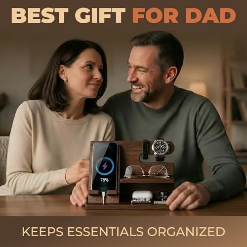 TESLYAR Wood Phone Docking Station for Men - Desktop or Nightstand Organizer - Birthday Gifts for Men, Dad - Anniversary Idea from Wife - Key Holder, Stand Wallet, Watch & Essentials (Bourbon Brown) - Image 4