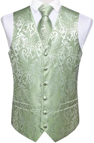 DiBanGu Mens Vest and Tie Set Formal Paisley Waistcoat and Necktie Pocket Square Cufflinks Silk Suit Vest for Tuxedo Wedding - Image 4