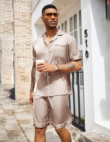 Ekouaer Mens Silk Satin Pajamas Set Short Sleeve Button Up Lounge Pjs Set - Image 5